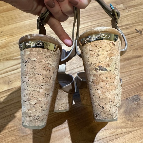 Jimmy Choo Women’s Pilar T-strap Leather Cork Wedge Tan Leather Platform - Picture 9 of 13